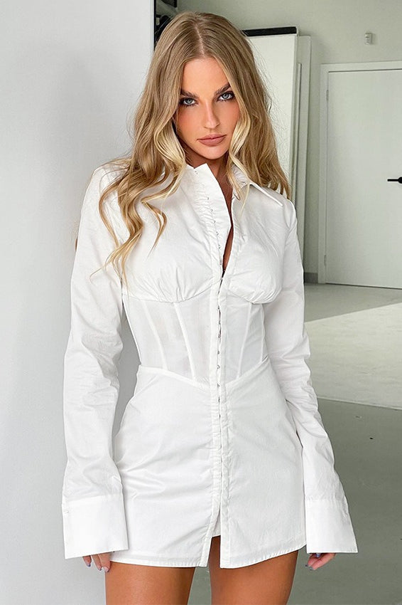 Collared Long Sleeve Corset Shirt Mini Dress