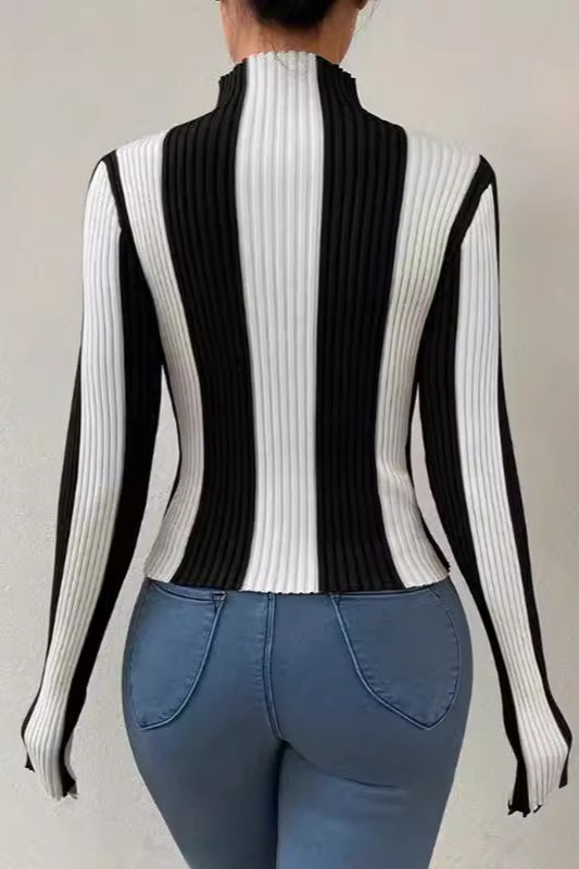 Classic Black White Vertical Stripe Knit Top 7