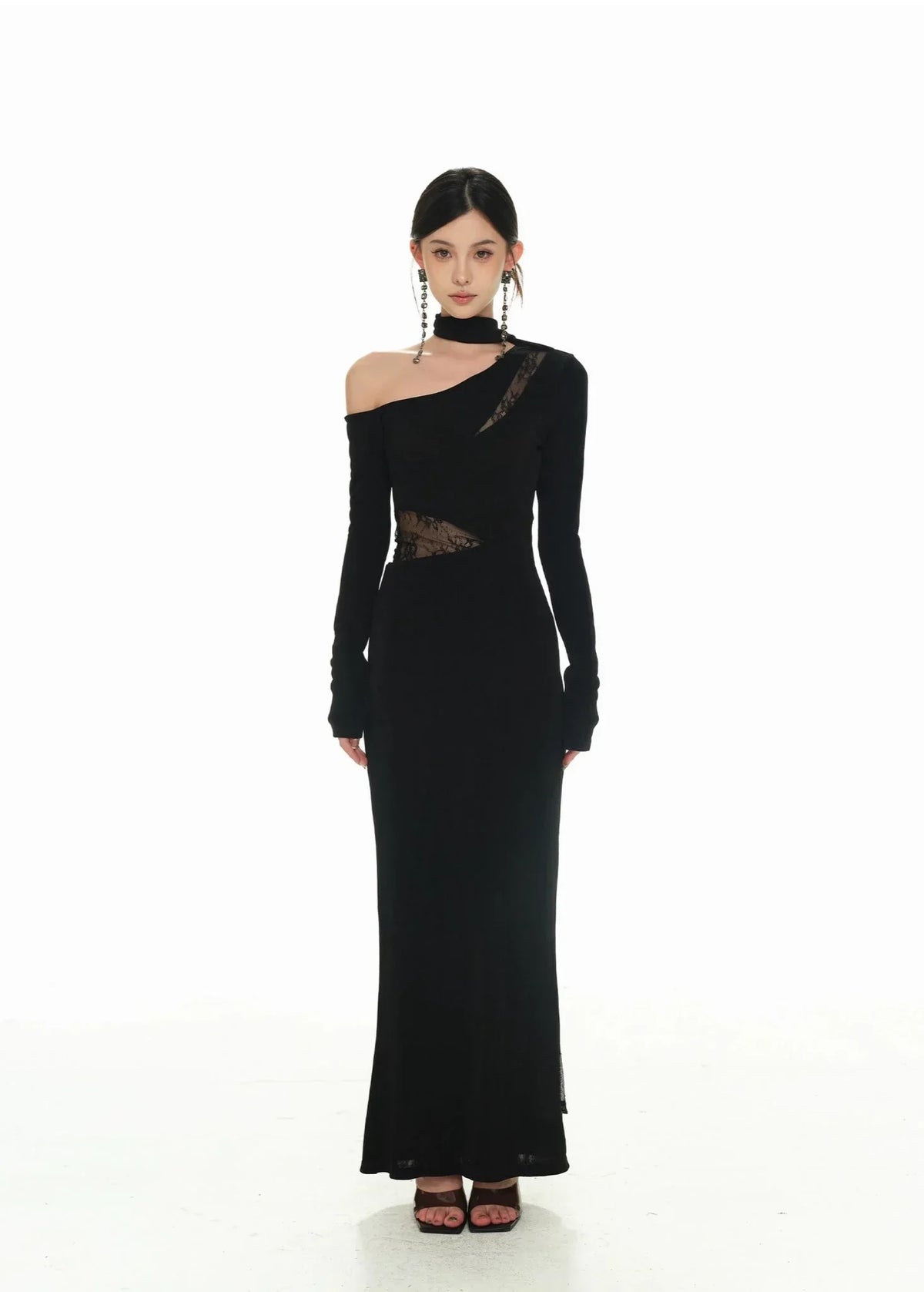 One-Shoulder Long Sleeve Lace Cut-Out Maxi Dress