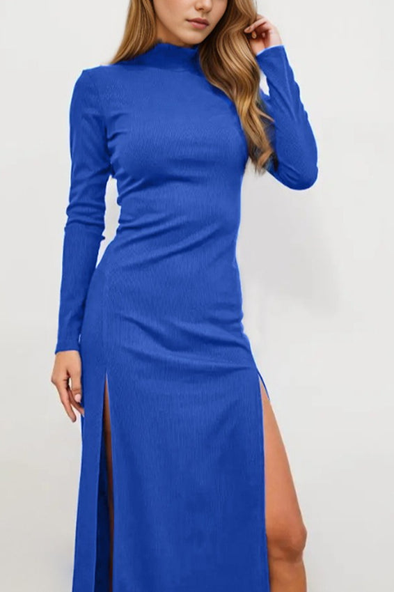 Ribbed Knit High Neck Long Sleeve Bodycon Midi Dress
