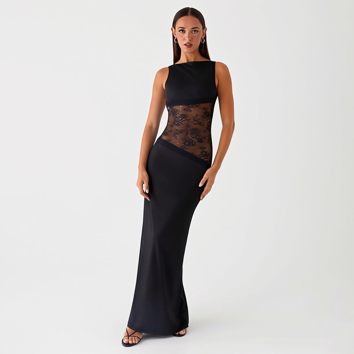 Lace-Panel High Neck Sheer Bodycon Maxi Dress 9