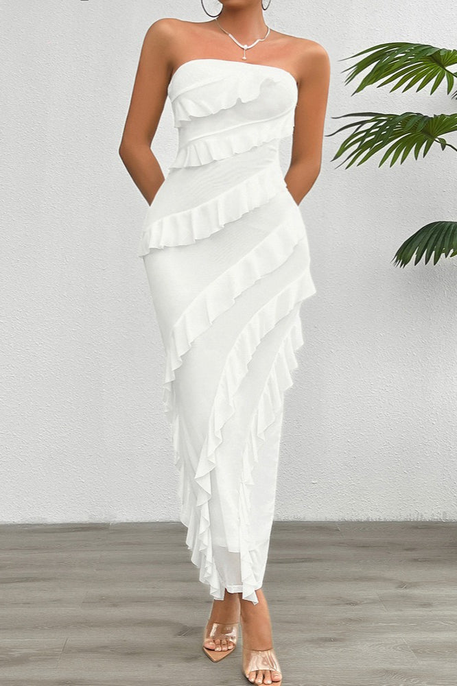 Mesh Strapless Asymmetric Ruffle Bodycon Maxi Dress