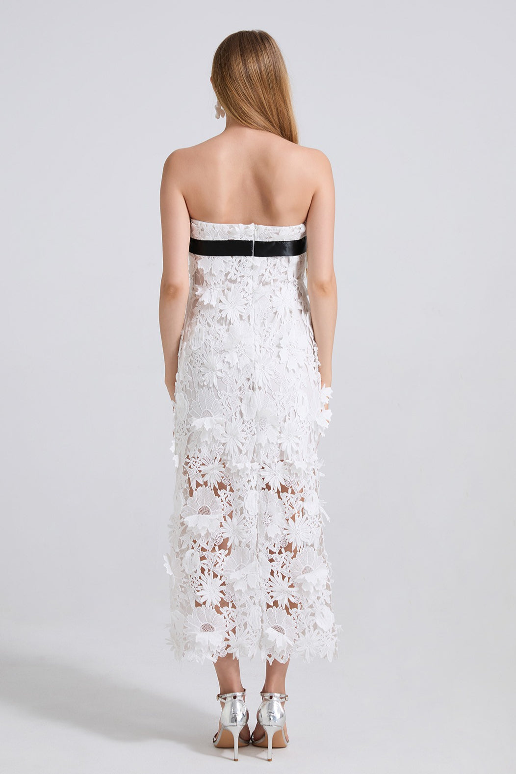 Floral Lace Strapless Bow Front Bodycon Midi Dress 6