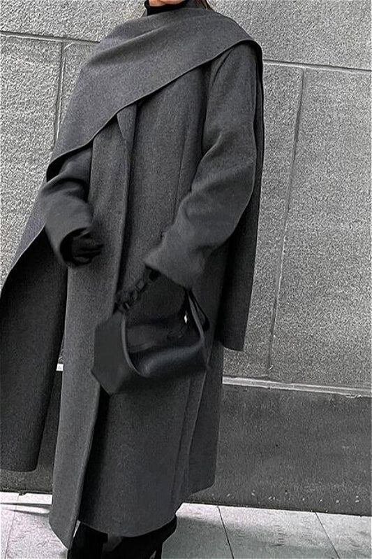 Scarf Collar Longline Woolen Elegant Solid Overcoat