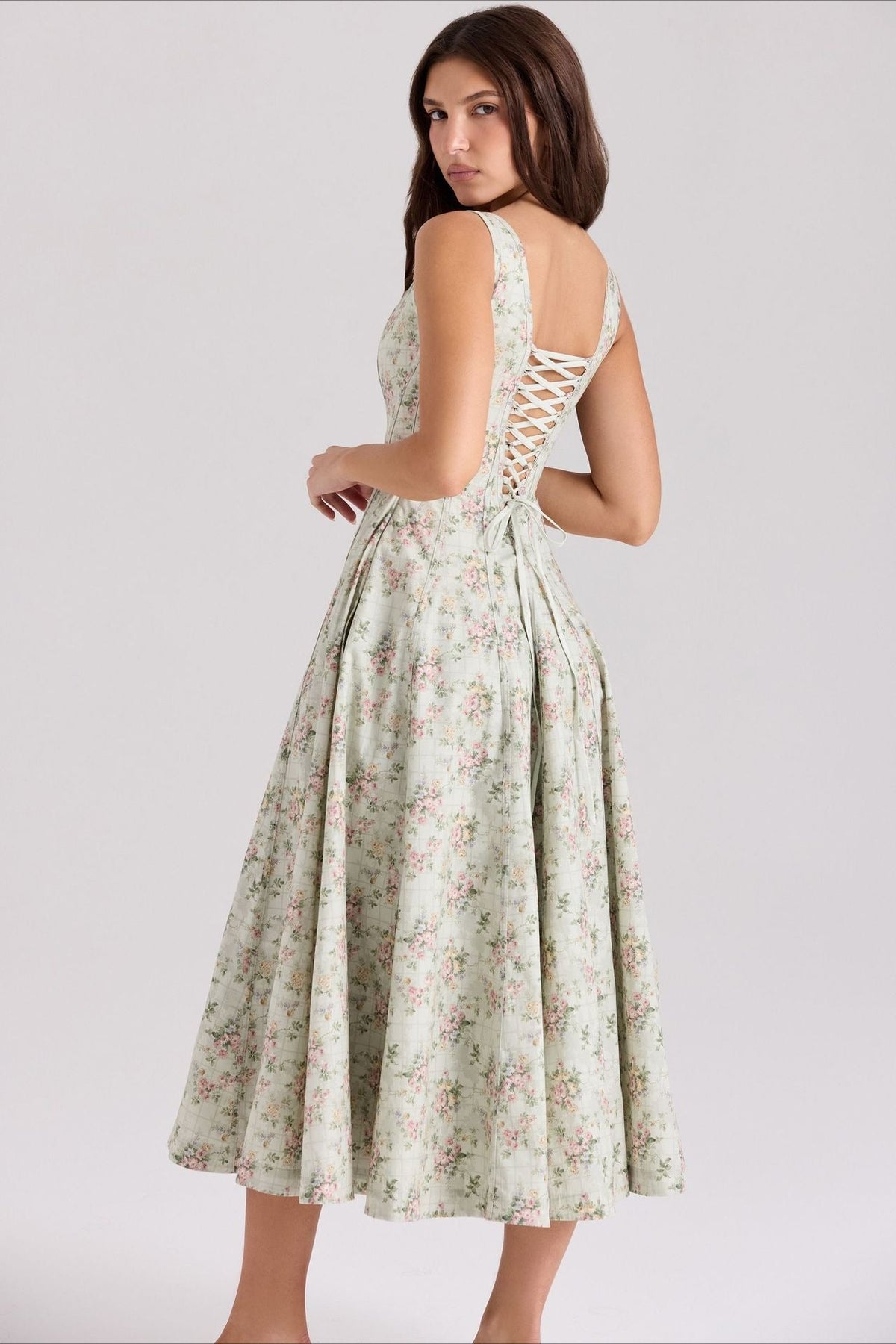 Floral Print Square Neck Corset Fit & Flare Midi Dress
