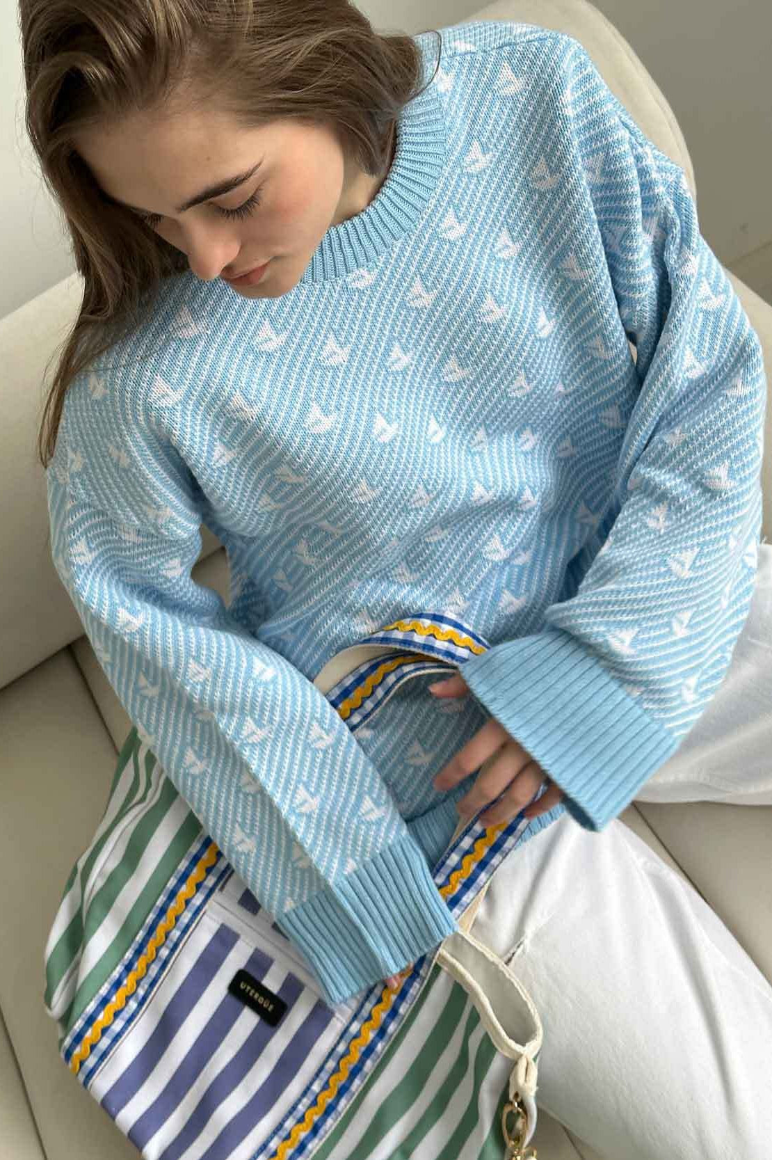 Sailboat Pattern Crew Neck Knit Sweater