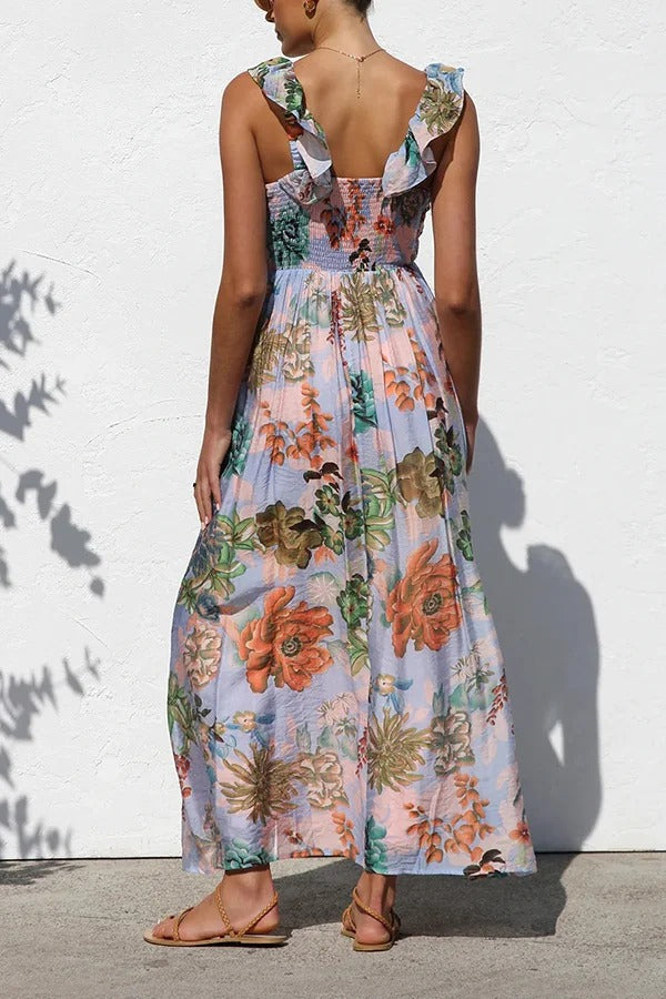Unique Printed V-neck Ruffled Straps Pleated Back Maxi Dress - Fashionpara