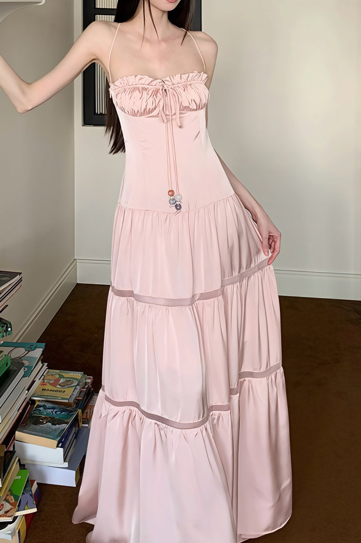 Satin Ruffle Trim Tiered Maxi Dress 2