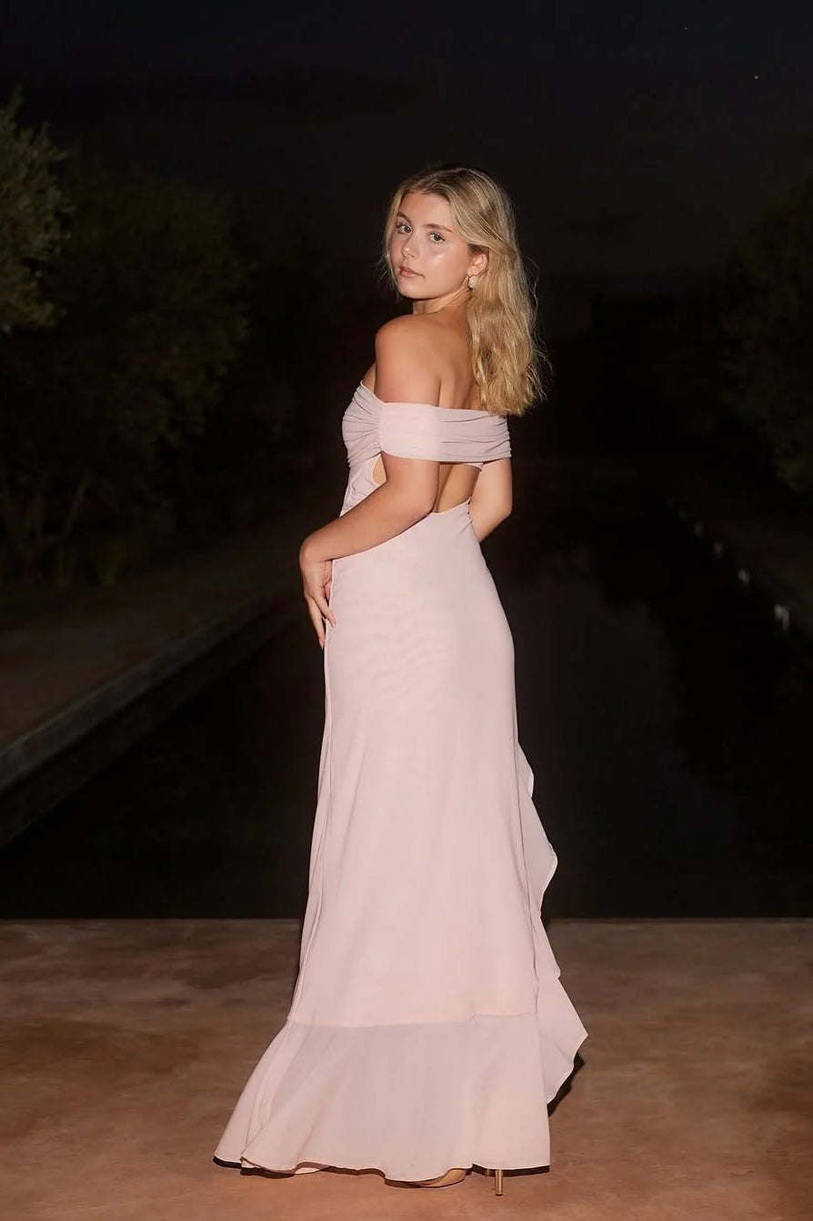 Off-Shoulder Ruffle Mesh Split Maxi Party Dress