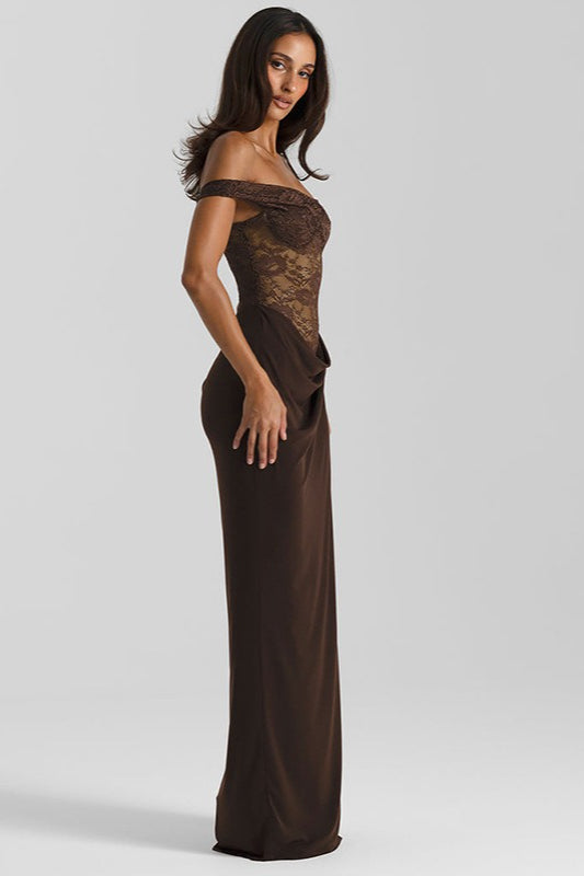 Off Shoulder Lace Corset High Split Maxi Gown - View 3