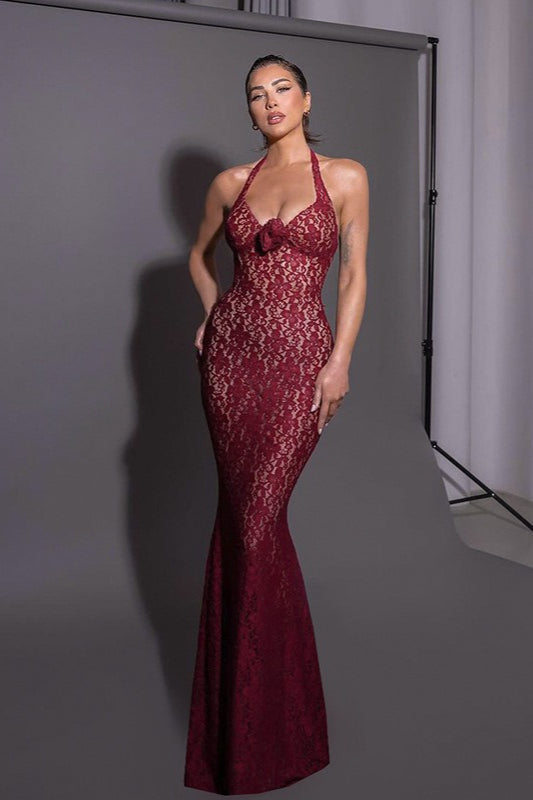 Lace Halter Neck Sweetheart Mermaid Maxi Gown 4
