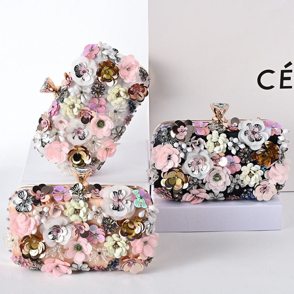 Floral Decor Clip Top Box Bag - Women Evening Clutch - Fashionpara