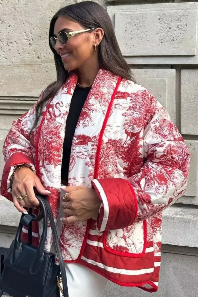 Printed Padded Pocket Coat - Fashionpara