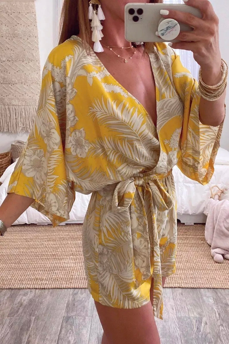 Lace-up Plants Print Yellow One-piece Romper