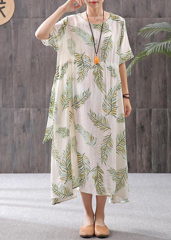Tropical Palm Leaf Print Round Neck Short Sleeve Midi Dress