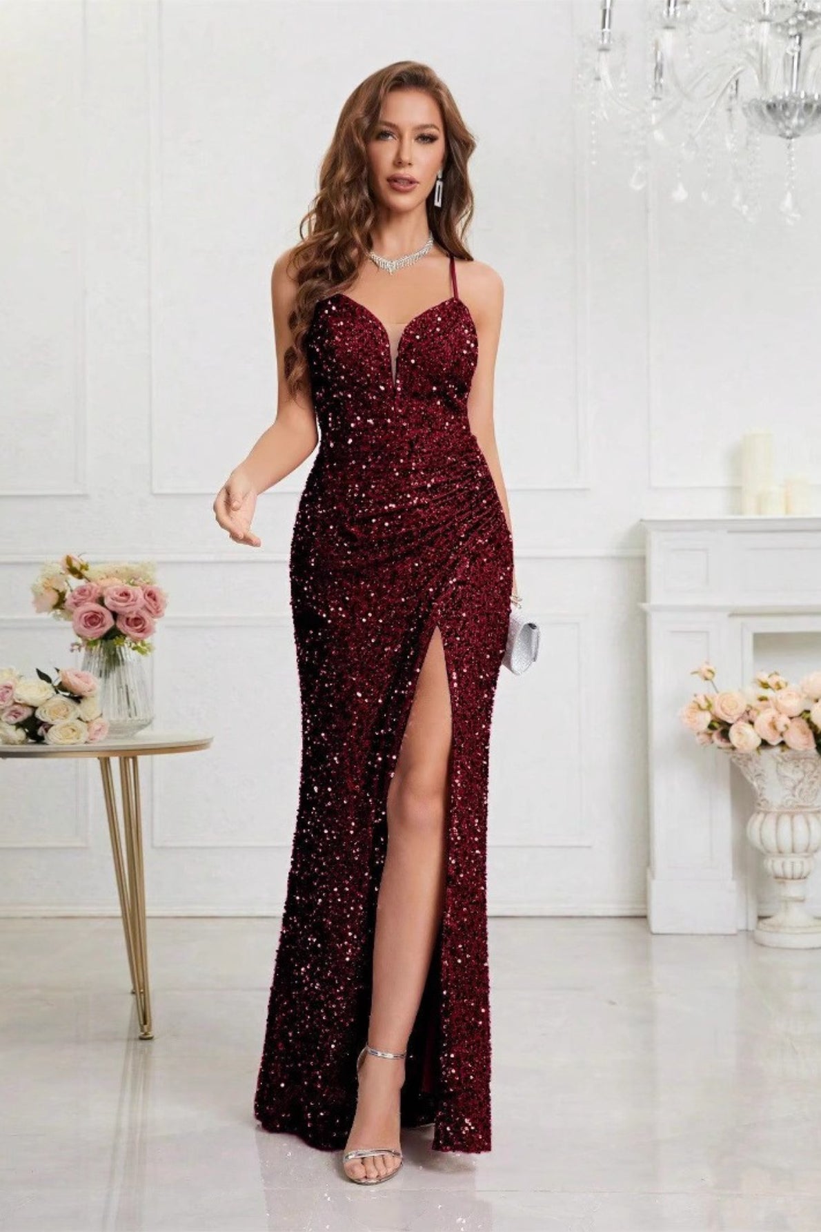 Spaghetti Strap Sweetheart Sequin Ruched High Split Mermaid Gown 11