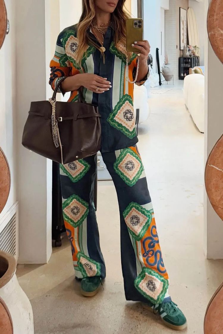 Vacation Times Satin Unique Print Long Sleeve Shirt And Elastic Waist Pocketed Wide Leg Pants - Fashionpara