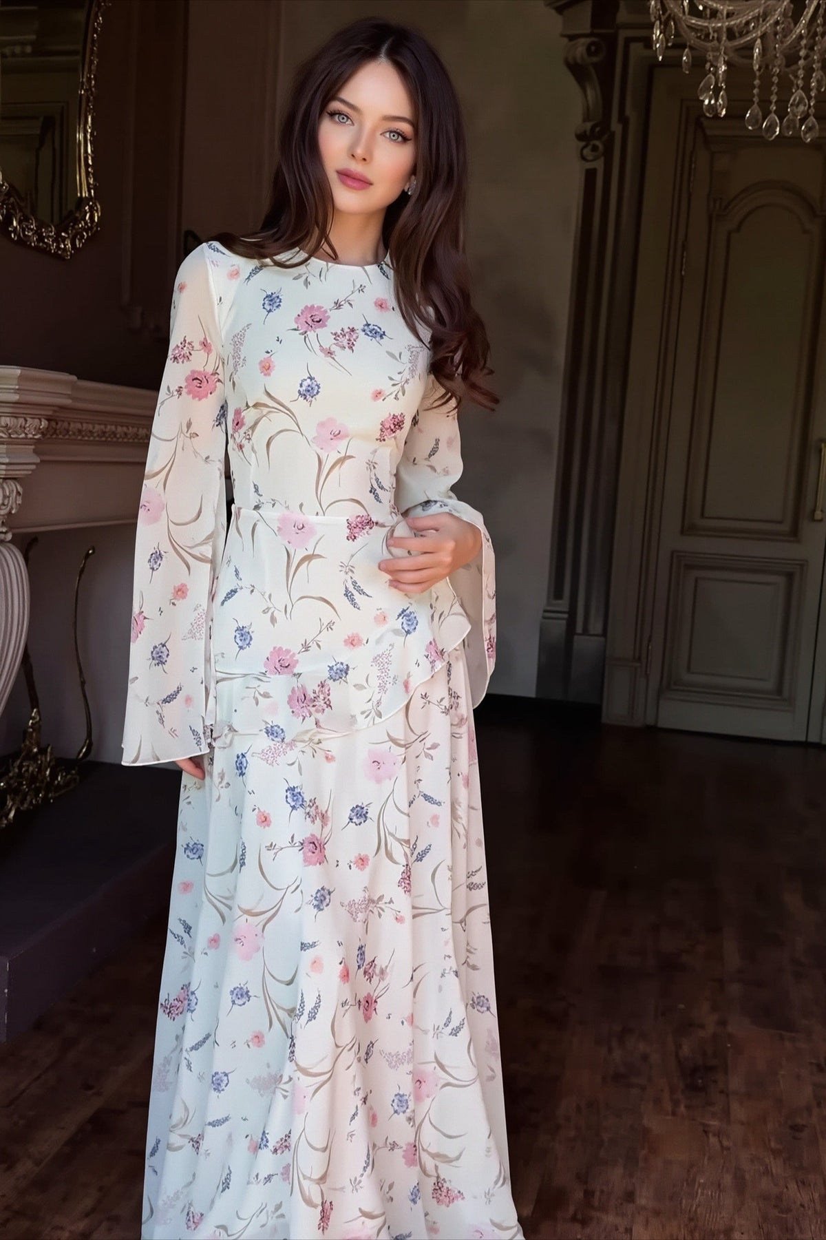 Floral High Neck Long Sleeve Tiered Maxi Gown
