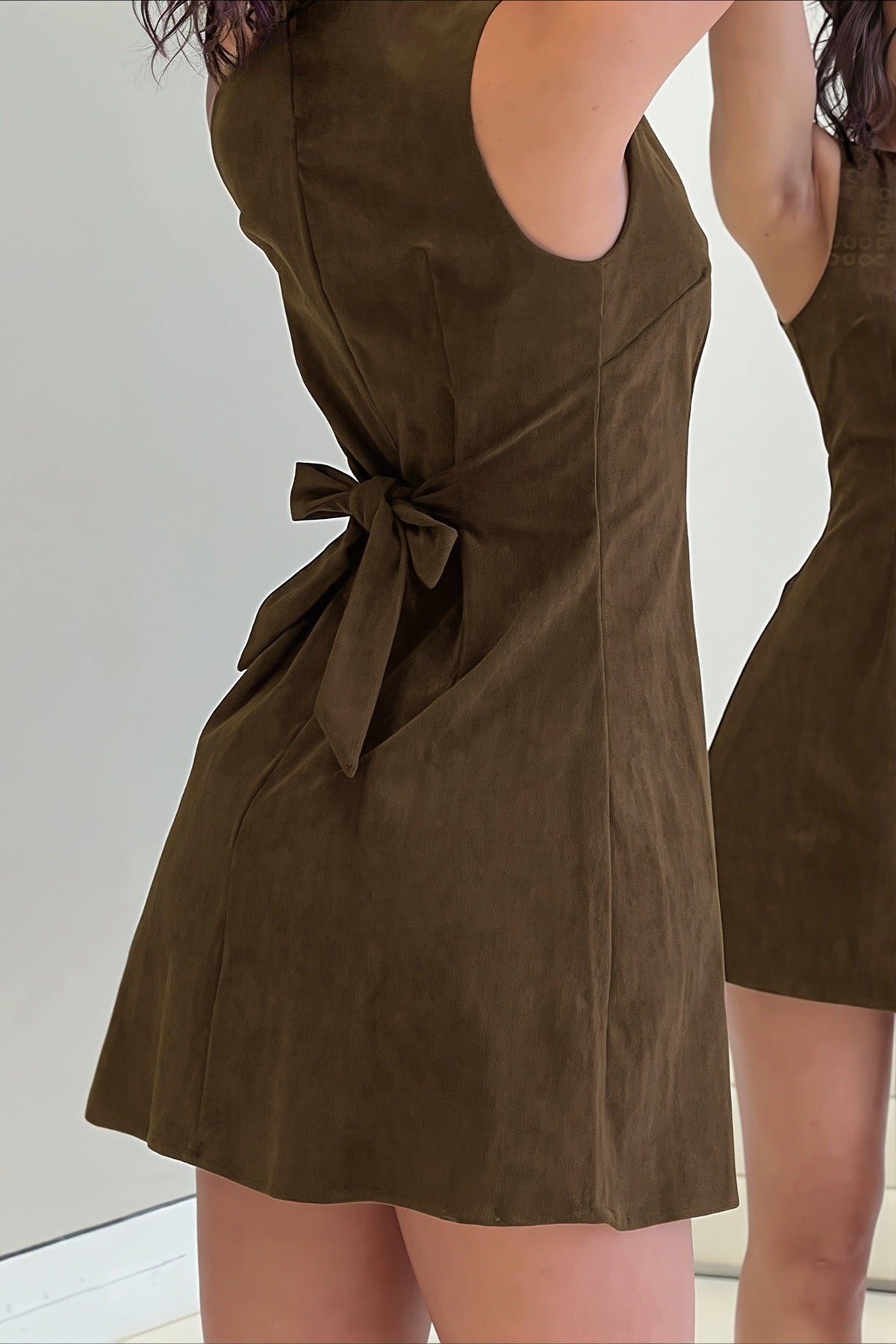 Faux Suede Scoop Back Side Bow A-Line Mini Dress