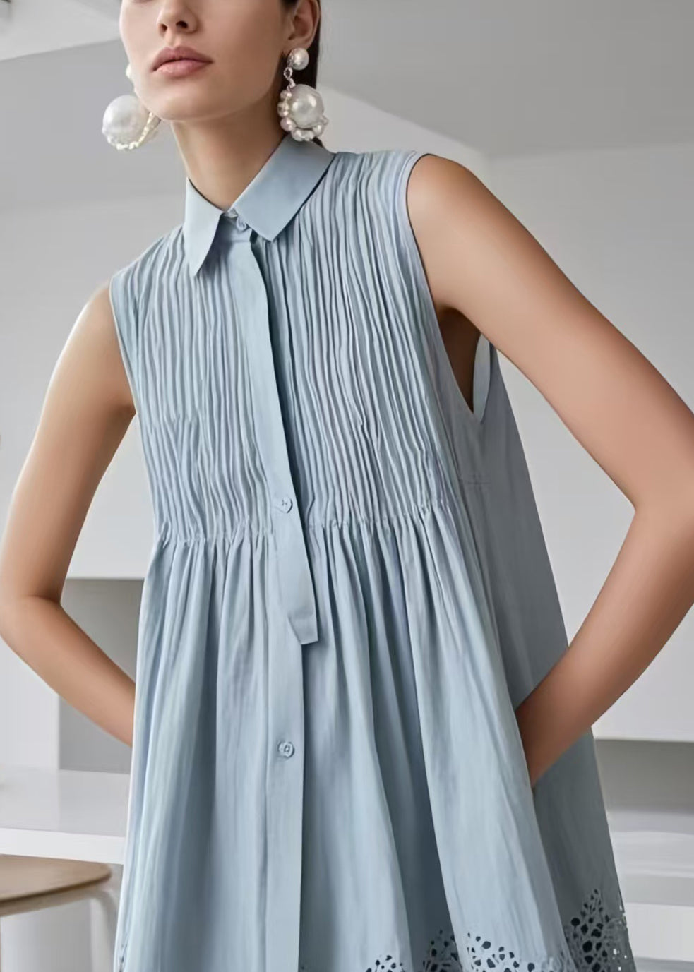 Collar Button Down Pintuck Pleated Babydoll Eyelet Hem Mini Dress