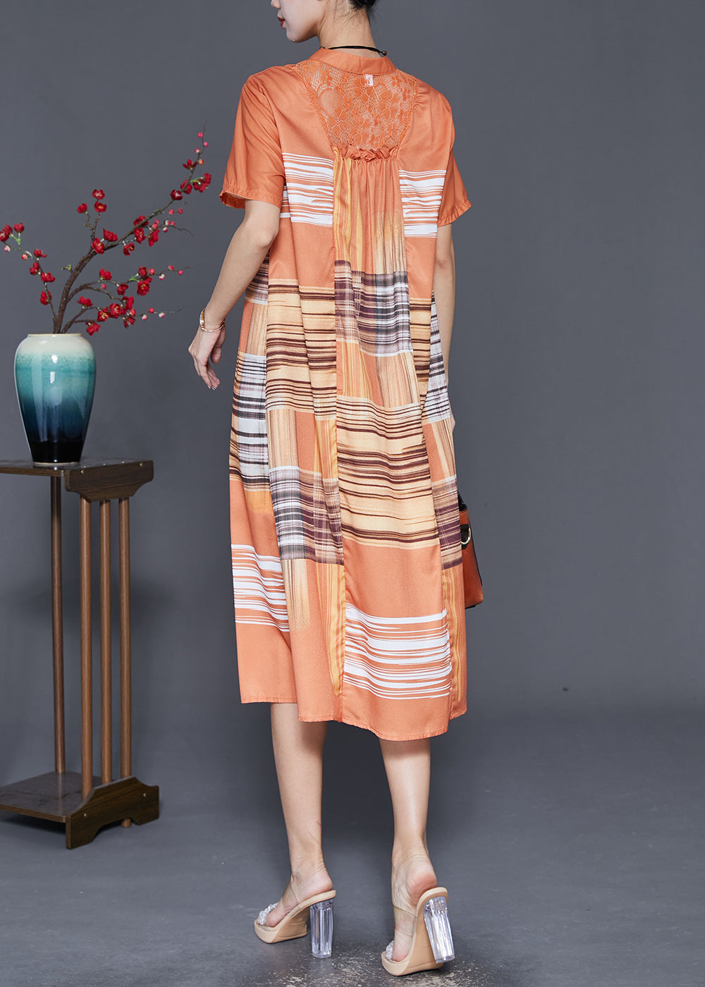 Patchwork Stripe Mandarin Collar Button Short Sleeve A-Line Midi Dress - View 4
