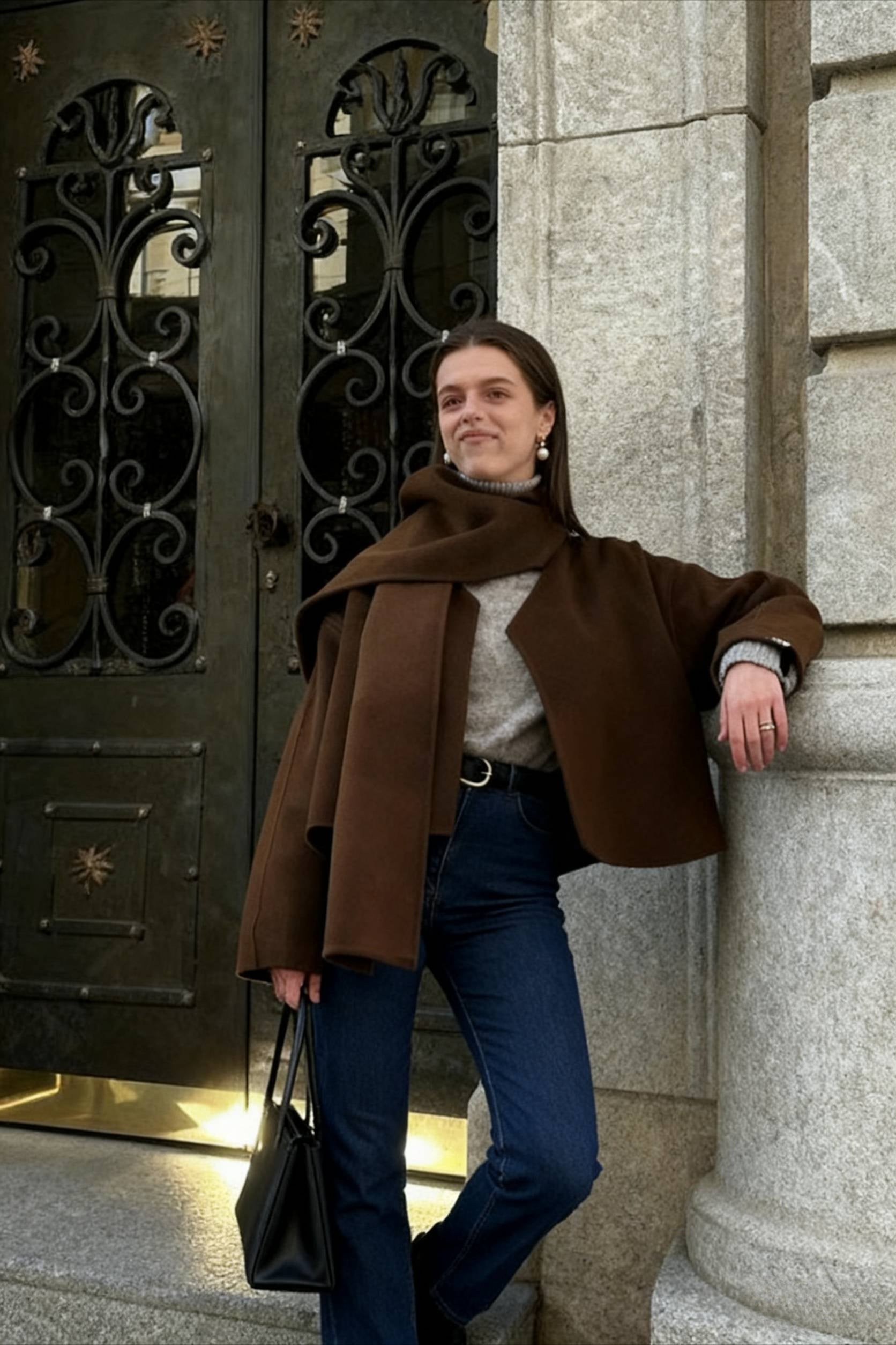 Brown Woolen Round Neck Scarf Coat - Fashionpara