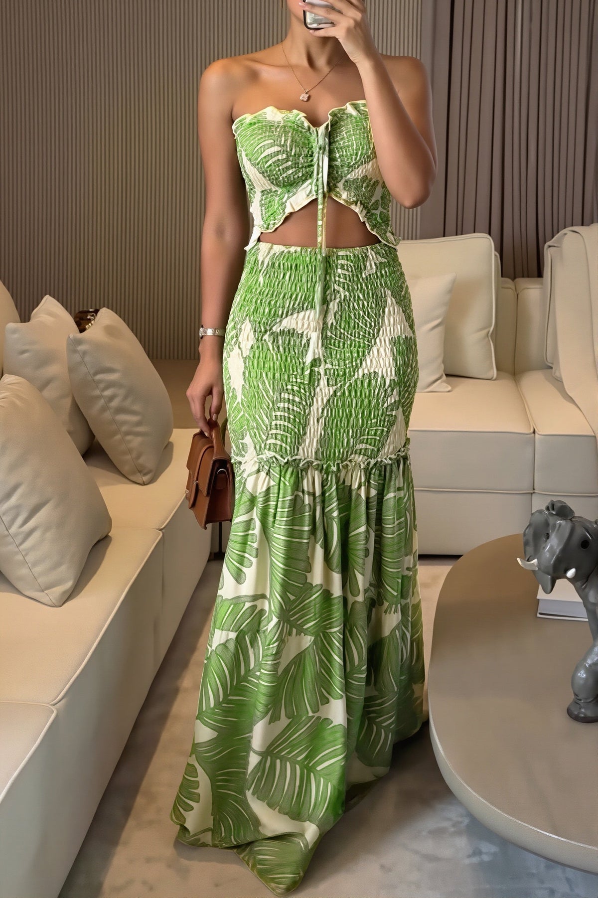 Tropical Print Bandeau Top and Maxi Skirt Set