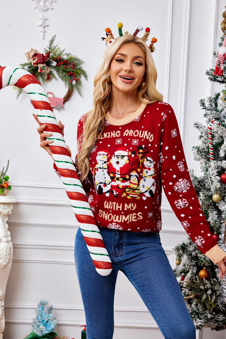 Cozy Color Block Santa Snowflake Polka Dot Sweater