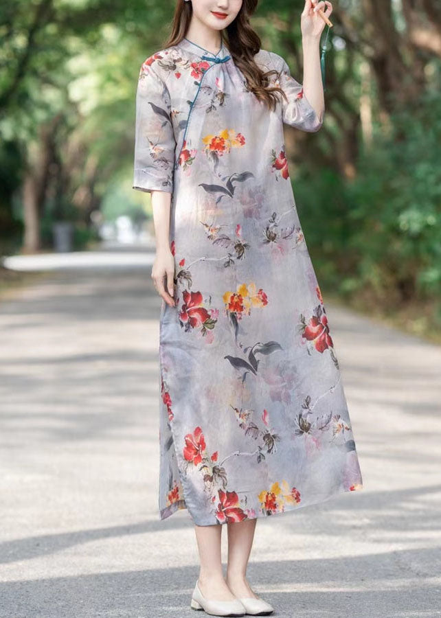 Mandarin Collar Frog Button Floral Print Cheongsam Midi Dress - View 4