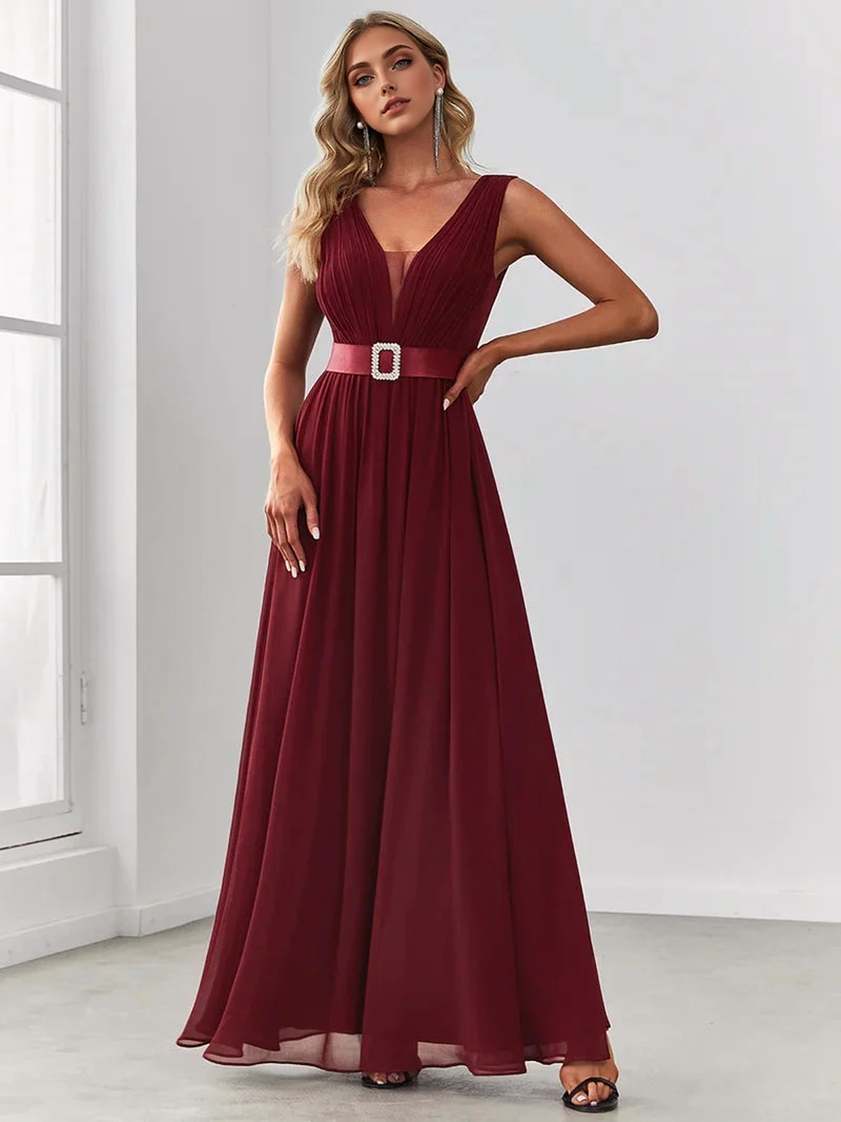 Chiffon V-Neck Sleeveless Belted Pleated A-Line Gown 3
