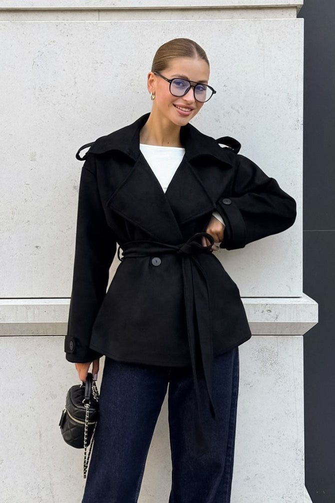 Suede Solid Tie Waist Thickened Warm Coat 2