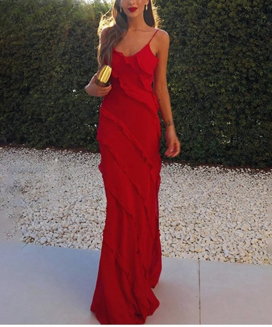 Ruffles Chiffon Backless Split Maxi Red Christmas Party Dress - Fashionpara