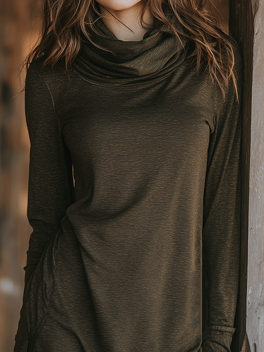 Casual Olive Long-Sleeved Pile Collar Top - Fashionpara