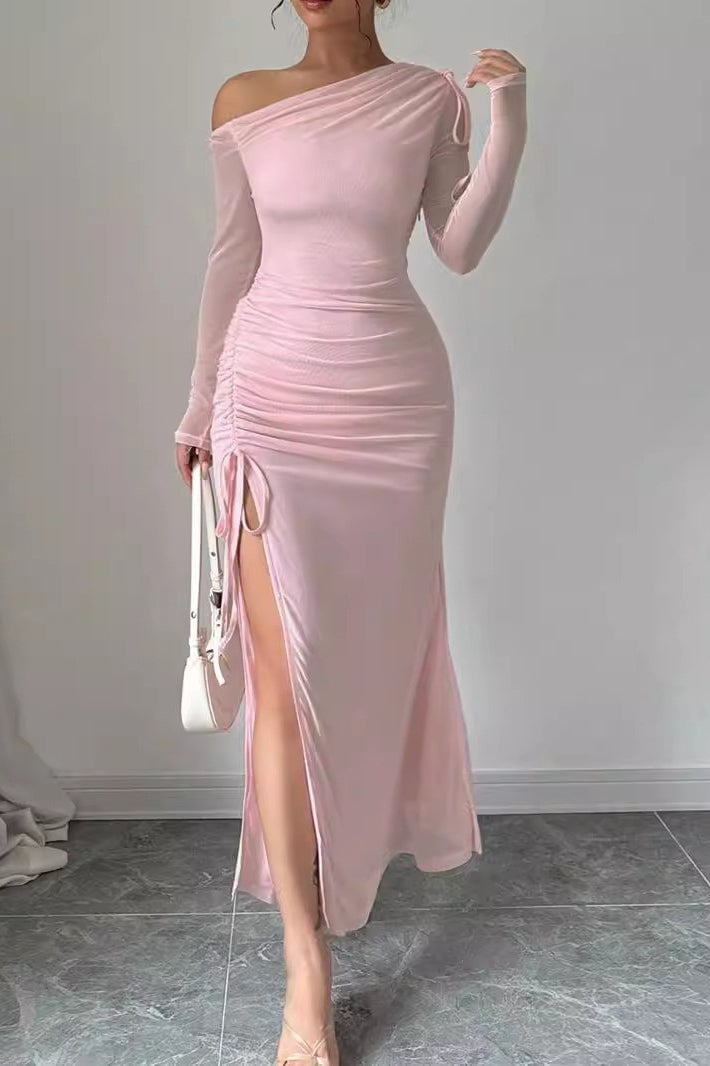 Mesh One-Shoulder Long Sleeve Ruched Slit Bodycon Maxi Dress