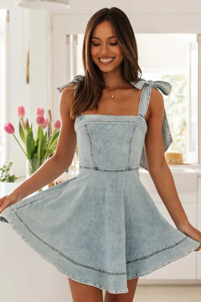 Square Neck Tie Waist Denim Dress