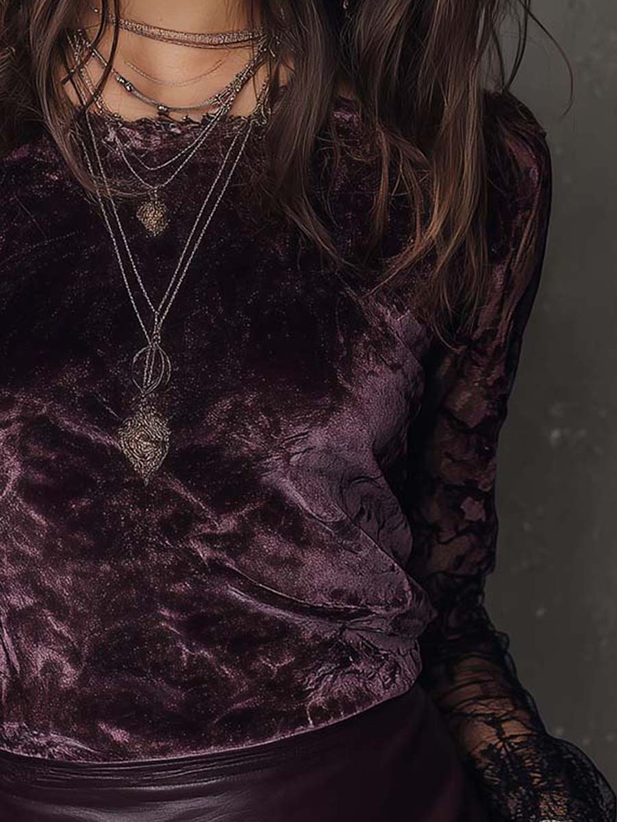 Velvet And Lace Gothic Sheer-Sleeve Top - Fashionpara