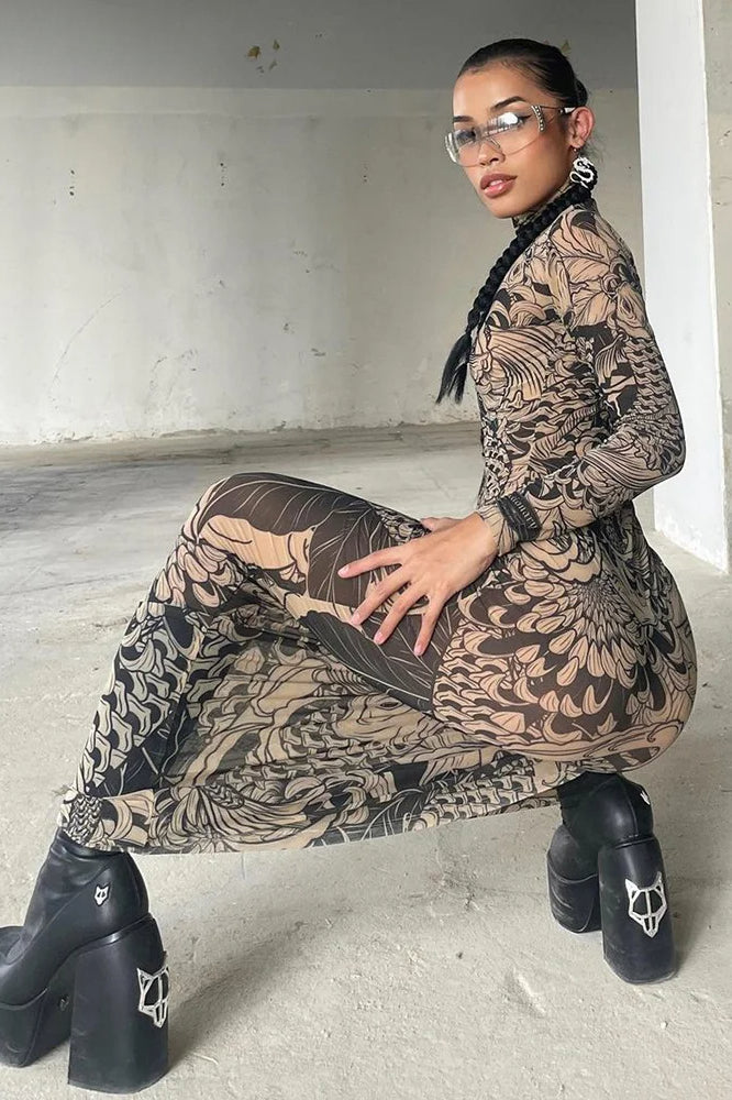 Graphic Print Mesh High Neck Long Sleeve Maxi Dress 3