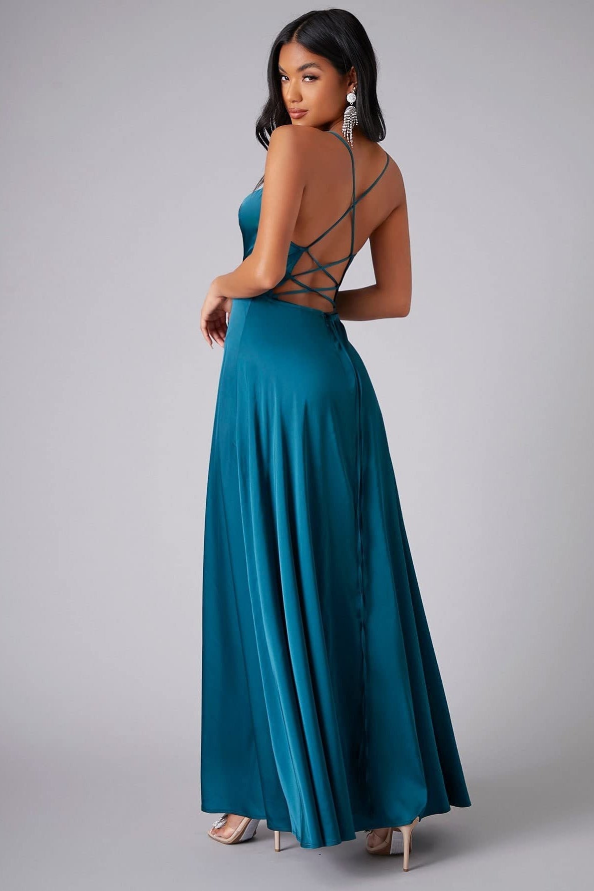 Satin Cowl Neck Spaghetti Strap High Split Maxi Formal Dress - View 5