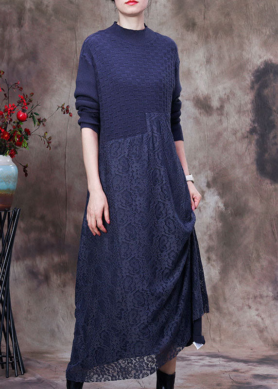 Mock Neck Knit Bodice Lace Skirt Asymmetric Seam Maxi Dress - View 2