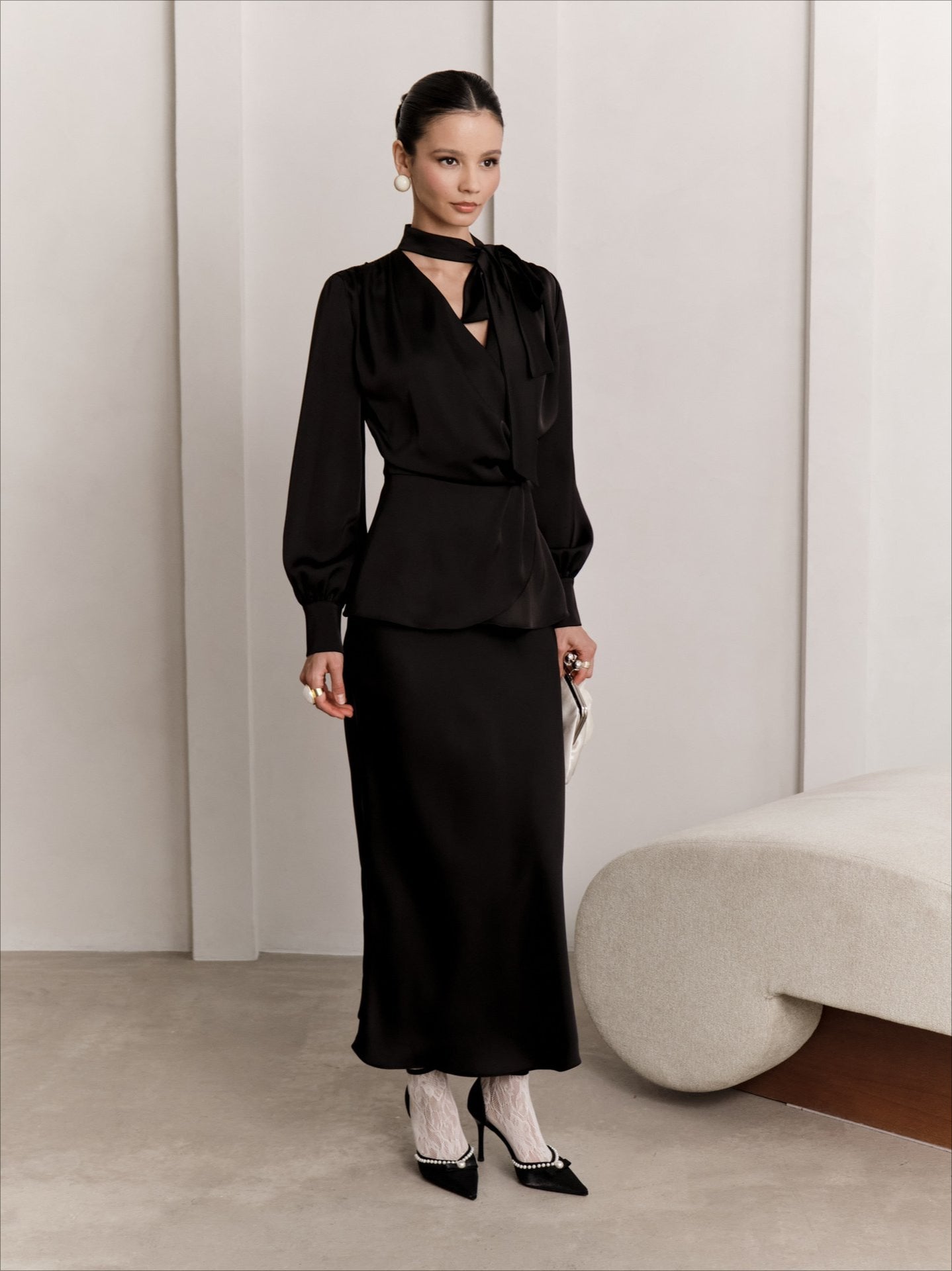 V-Neck Tie Slim Fit Blouse