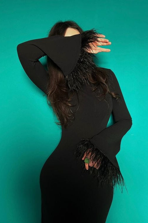 Feather Trim Bodycon Maxi Sweater Dress - View 7