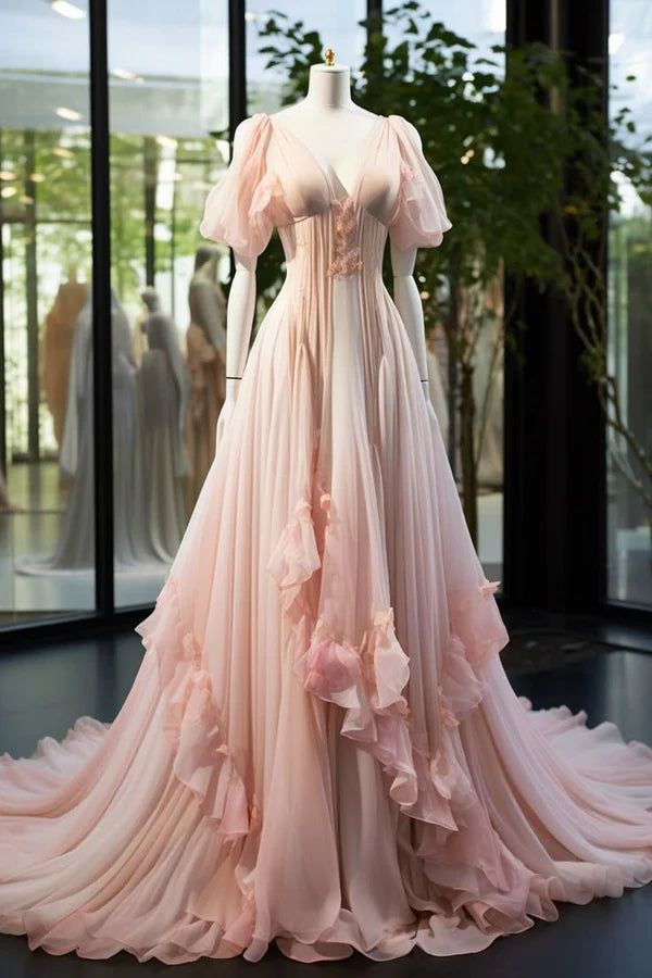 Pink Fashion Elegant A-line Long Tulle Floor-length Evening Dress Ball Gown Wedding Dress