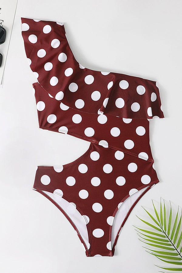 One-shoulder Ruffled Polka Dot One-piece Swimsuit - Fashionpara