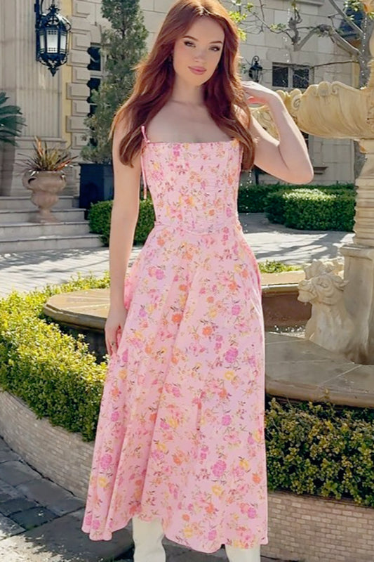 Floral Print Sweetheart Corset A-Line Maxi Dress