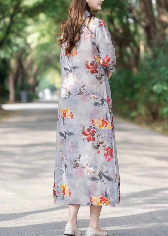 Mandarin Collar Frog Button Floral Print Cheongsam Midi Dress - View 5