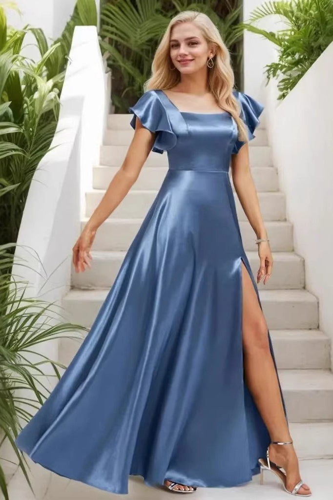Satin Square Neck Flutter Sleeve High Split Maxi Dress 2