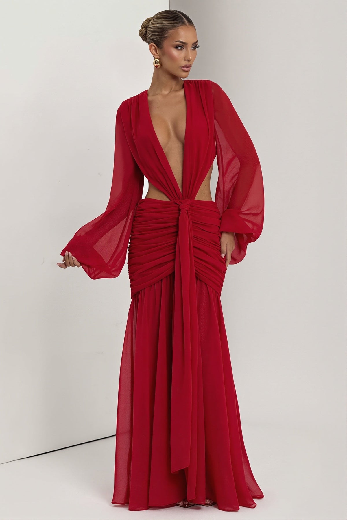 Chiffon Deep V-Neck Long Sleeve Cut Out Gown