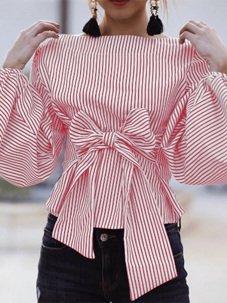 Striped Lantern Sleeve O-Neck Blouse
