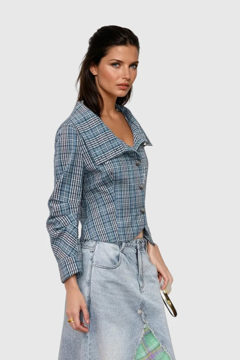 Vintage Stand Collar Plaid Button Blouse