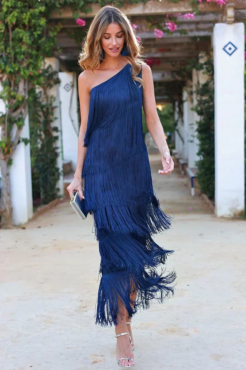 One Shoulder Tiered Fringe Midi Dress